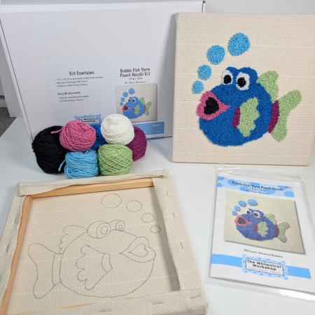 Bubble Fish Punch Needle Kit or Pattern – Pre-Stretched Fabric, DK Yarns, Optional Tool Set