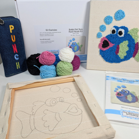 Bubble Fish Punch Needle Kit or Pattern – Pre-Stretched Fabric, DK Yarns, Optional Tool Set