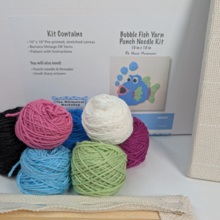 Bubble Fish Punch Needle Kit or Pattern – Pre-Stretched Fabric, DK Yarns, Optional Tool Set