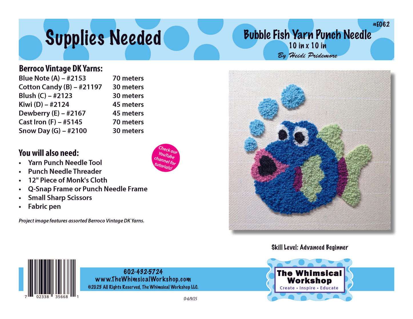 Bubble Fish Punch Needle Kit or Pattern – Pre-Stretched Fabric, DK Yarns, Optional Tool Set