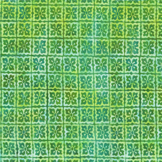 Ornate Gems - Tile Flowers - Green| 100% Cotton Island Batik Fabric