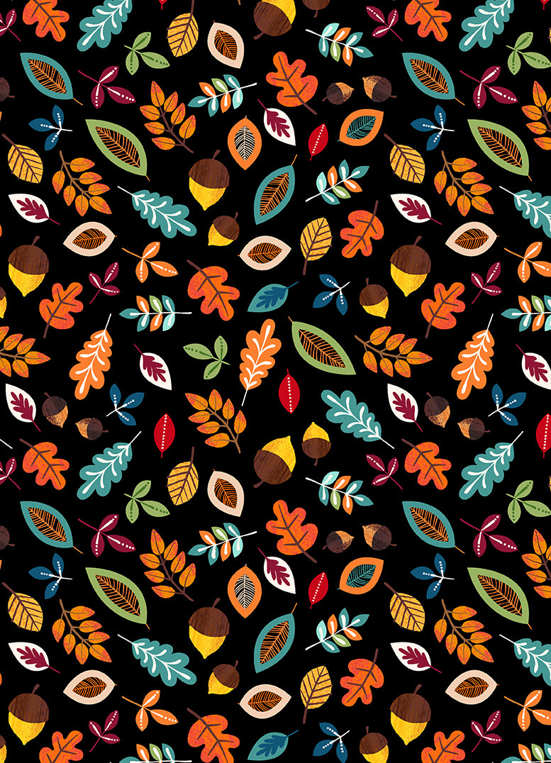 Acorn & Leaves Black Cotton Fabric | Benartex